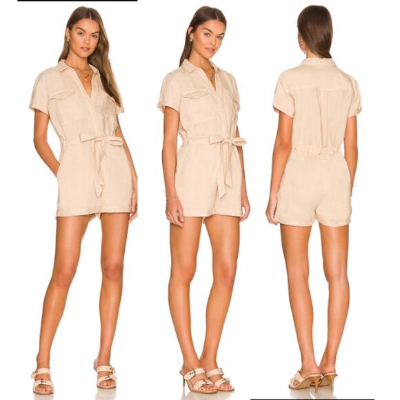 Bella Dahl Short Sleeve Collared Neck Button Front Romper Warm Sand Women's M - Picture 1 of 6